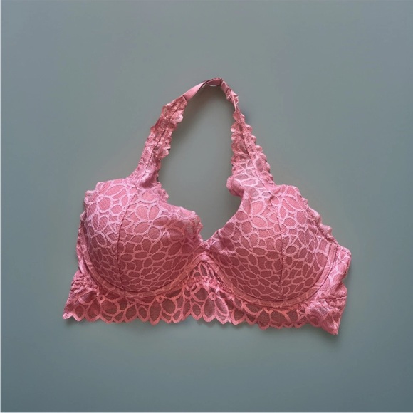 PINK Victoria's Secret Pink Lace Halter Bralette Size Medium D-DD Bra Underwire - Picture 1 of 5